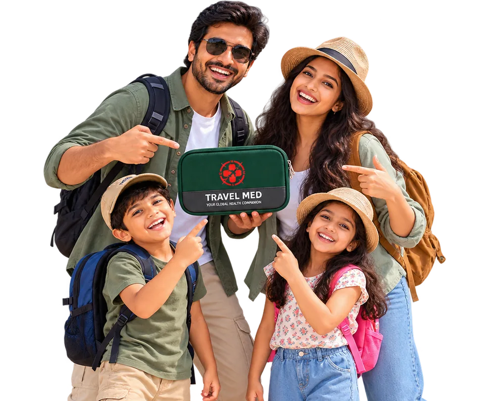An Indian family on holiday holding up their Travel Med kit