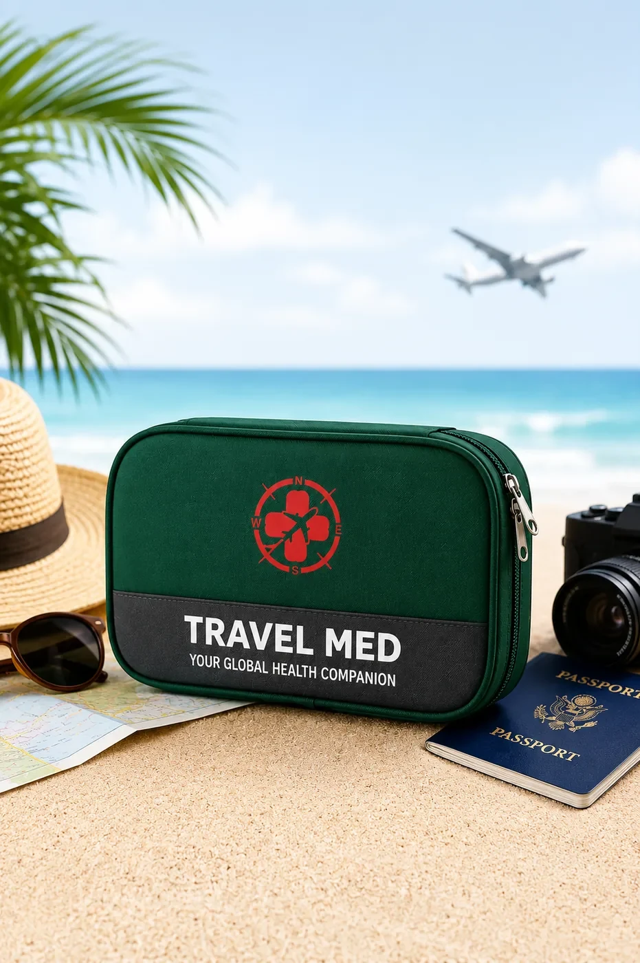 Travel Med kit on a beach with passport and camera
